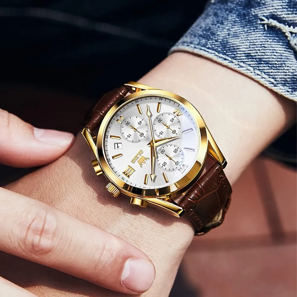 OLEVS Men's Watches Brown Leather with Date,Casual Watches for Men,Large Face Watches Men,Chronograph Mens Watch,Sport Waterproof Business Dress Analog Quartz Men's Wrist Watches Reloj De Hombre