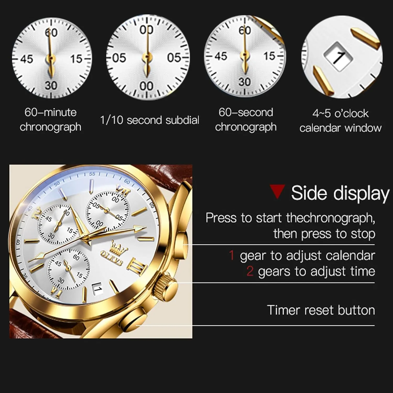 OLEVS Men's Watches Brown Leather with Date,Casual Watches for Men,Large Face Watches Men,Chronograph Mens Watch,Sport Waterproof Business Dress Analog Quartz Men's Wrist Watches Reloj De Hombre