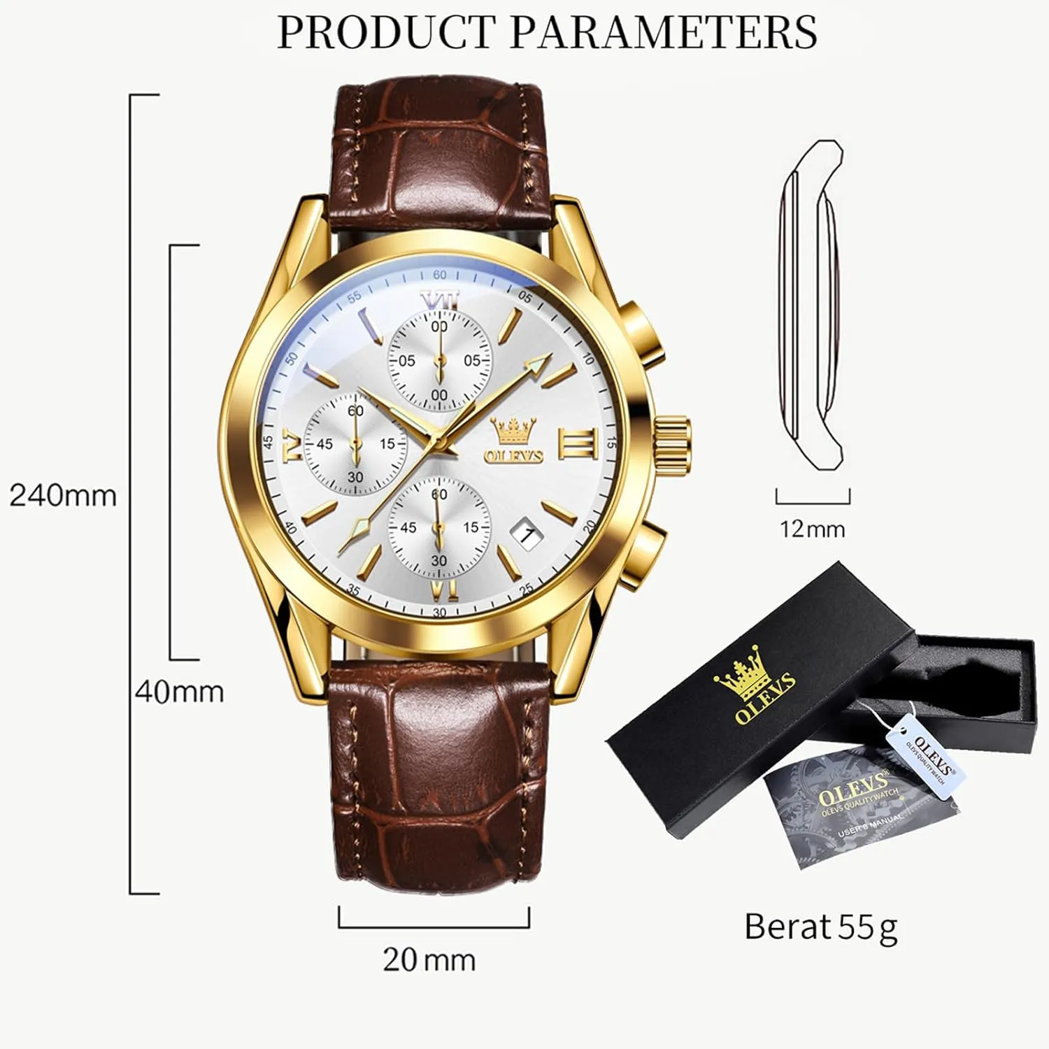 OLEVS Men's Watches Brown Leather with Date,Casual Watches for Men,Large Face Watches Men,Chronograph Mens Watch,Sport Waterproof Business Dress Analog Quartz Men's Wrist Watches Reloj De Hombre