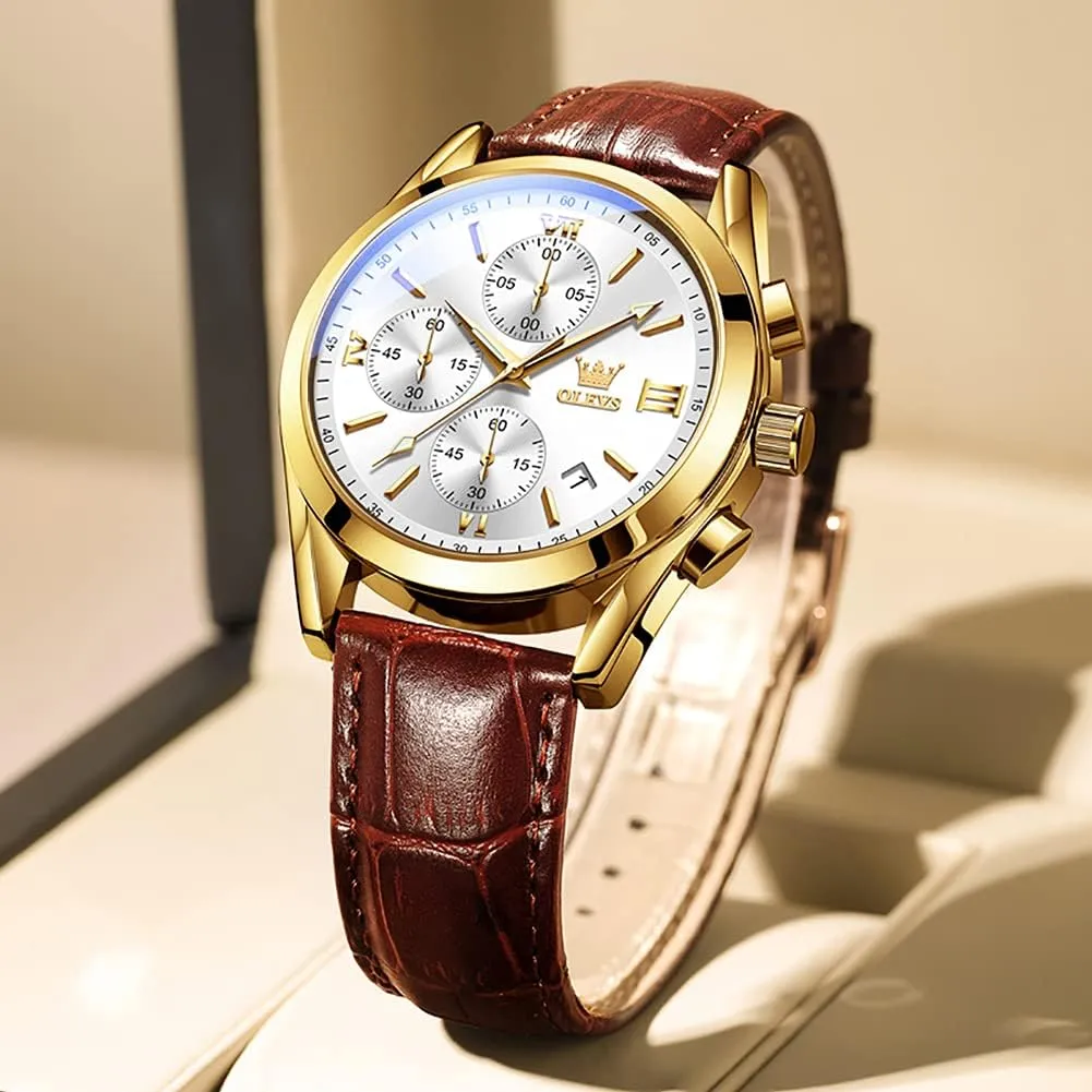 OLEVS Men's Watches Brown Leather with Date,Casual Watches for Men,Large Face Watches Men,Chronograph Mens Watch,Sport Waterproof Business Dress Analog Quartz Men's Wrist Watches Reloj De Hombre