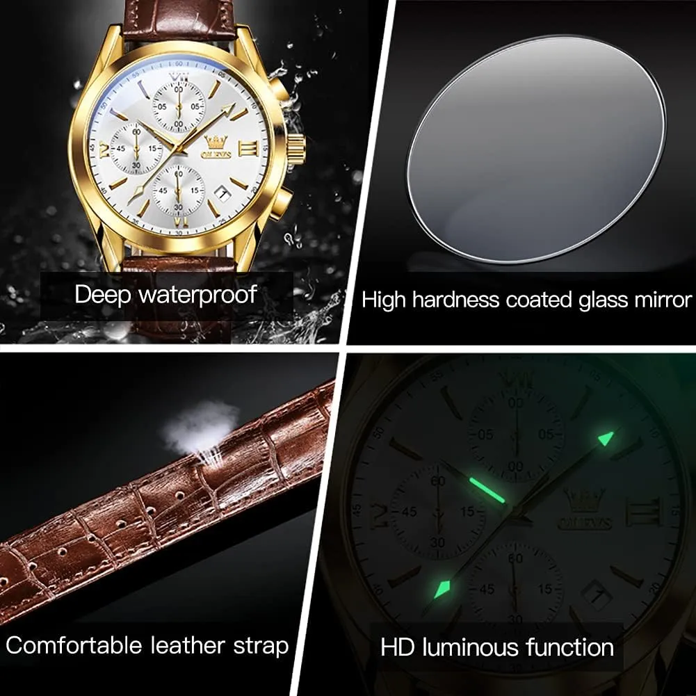 OLEVS Men's Watches Brown Leather with Date,Casual Watches for Men,Large Face Watches Men,Chronograph Mens Watch,Sport Waterproof Business Dress Analog Quartz Men's Wrist Watches Reloj De Hombre