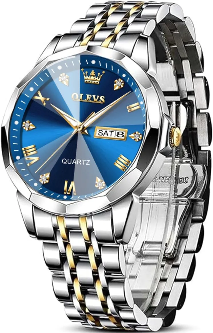 OLEVS Mens Watches Large Face Watch for Men Casual Stainless Steel Diamond Analog Quartz Waterproof Date Dress Men's Wrist Watch