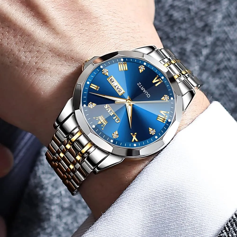 OLEVS Mens Watches Large Face Watch for Men Casual Stainless Steel Diamond Analog Quartz Waterproof Date Dress Men's Wrist Watch