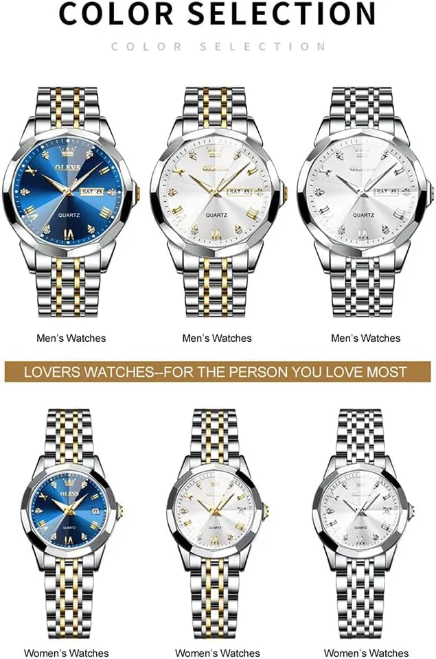 OLEVS Mens Watches Large Face Watch for Men Casual Stainless Steel Diamond Analog Quartz Waterproof Date Dress Men's Wrist Watch