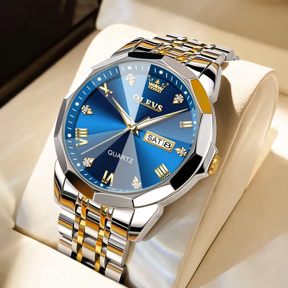 OLEVS Mens Watches Large Face Watch for Men Casual Stainless Steel Diamond Analog Quartz Waterproof Date Dress Men's Wrist Watch