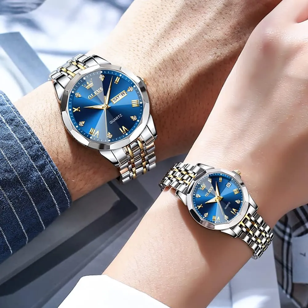 OLEVS Mens Watches Large Face Watch for Men Casual Stainless Steel Diamond Analog Quartz Waterproof Date Dress Men's Wrist Watch