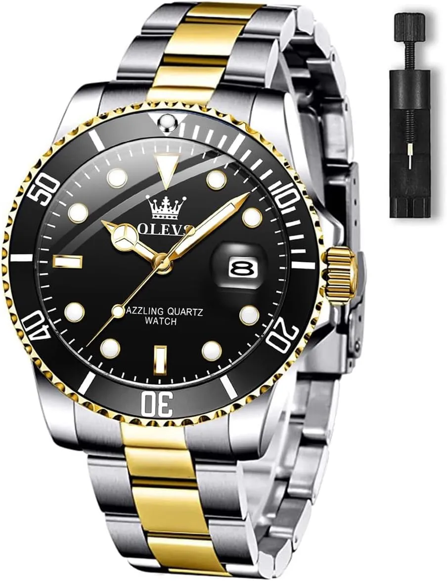 OLEVS Men's Watches with Date, Premium Gold and Silver Stainless Steel Analog Watches for Men, Classic Rotatable Bezel Men's Cuff Watches, Blue/Green/Black Dial