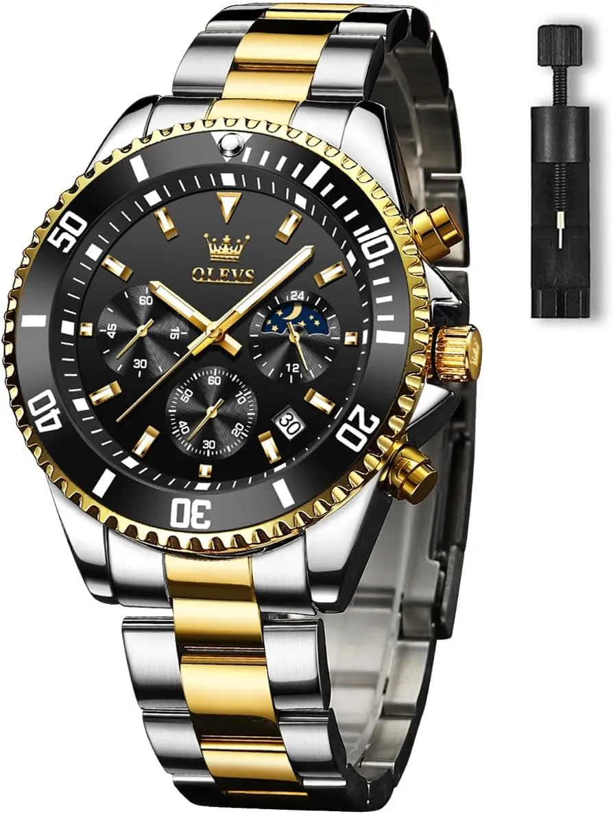 OLEVS Men's Watches with Date, Premium Gold and Silver Stainless Steel Analog Watches for Men, Classic Rotatable Bezel Men's Cuff Watches, Blue/Green/Black Dial
