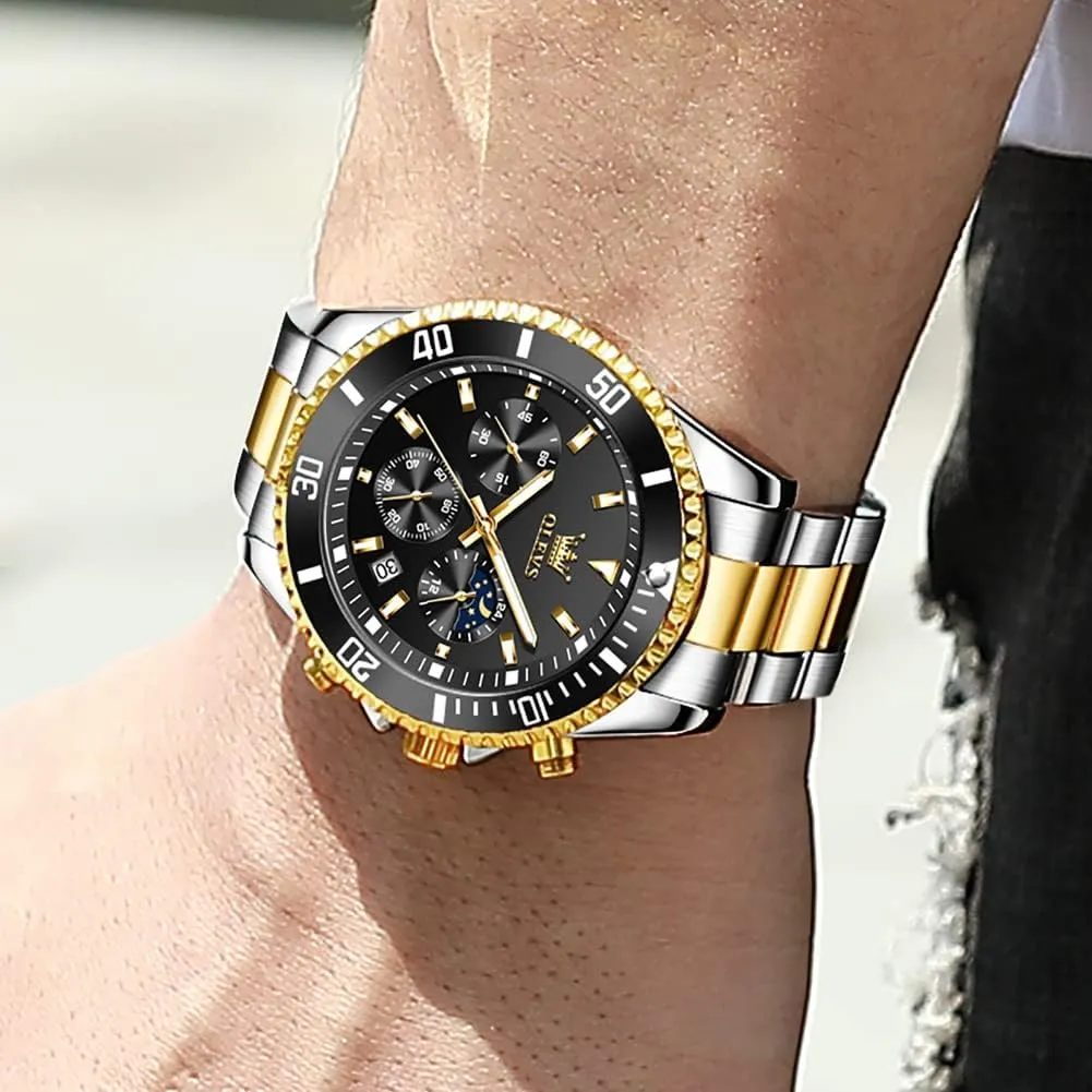 OLEVS Men's Watches with Date, Premium Gold and Silver Stainless Steel Analog Watches for Men, Classic Rotatable Bezel Men's Cuff Watches, Blue/Green/Black Dial