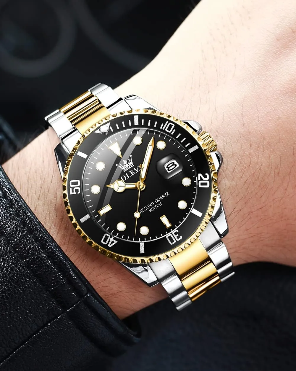 OLEVS Men's Watches with Date, Premium Gold and Silver Stainless Steel Analog Watches for Men, Classic Rotatable Bezel Men's Cuff Watches, Blue/Green/Black Dial