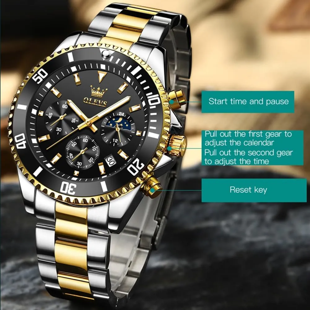 OLEVS Men's Watches with Date, Premium Gold and Silver Stainless Steel Analog Watches for Men, Classic Rotatable Bezel Men's Cuff Watches, Blue/Green/Black Dial