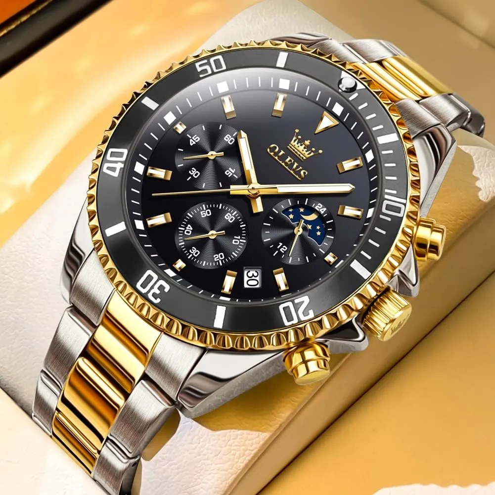 OLEVS Men's Watches with Date, Premium Gold and Silver Stainless Steel Analog Watches for Men, Classic Rotatable Bezel Men's Cuff Watches, Blue/Green/Black Dial