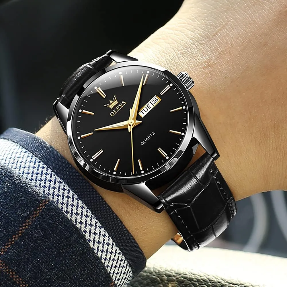 OLEVS Watch for Men Chronograph Brown Leather Gold Case Analog Quartz Fashion Business Dress Large Face Men Watch Day Date Luminous Waterproof Casual Male Wrist Watch Black/Blue/White Dial