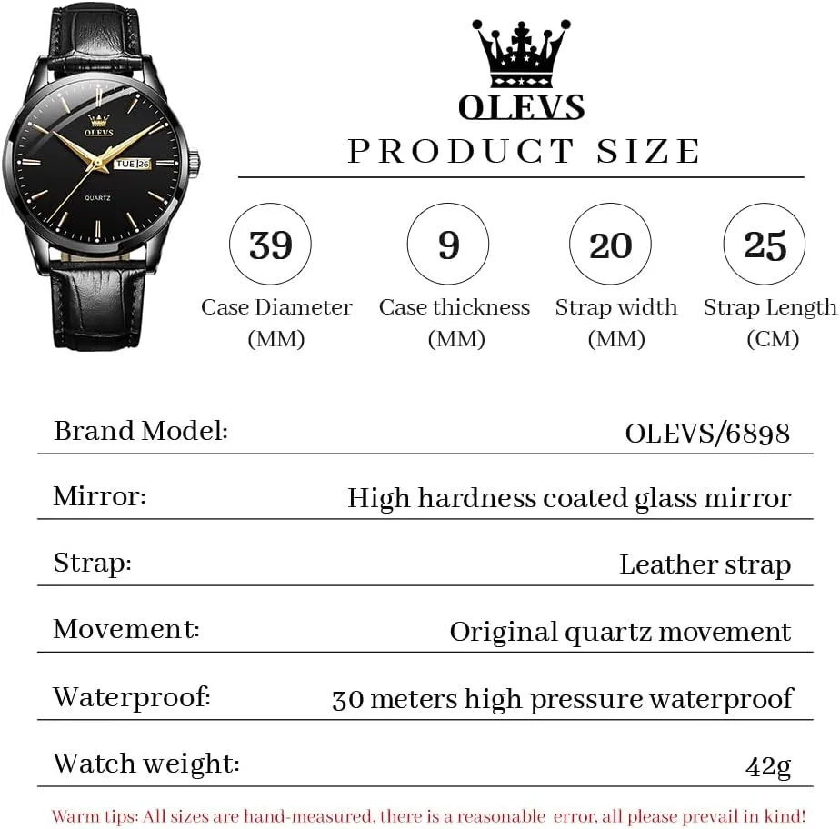 OLEVS Watch for Men Chronograph Brown Leather Gold Case Analog Quartz Fashion Business Dress Large Face Men Watch Day Date Luminous Waterproof Casual Male Wrist Watch Black/Blue/White Dial