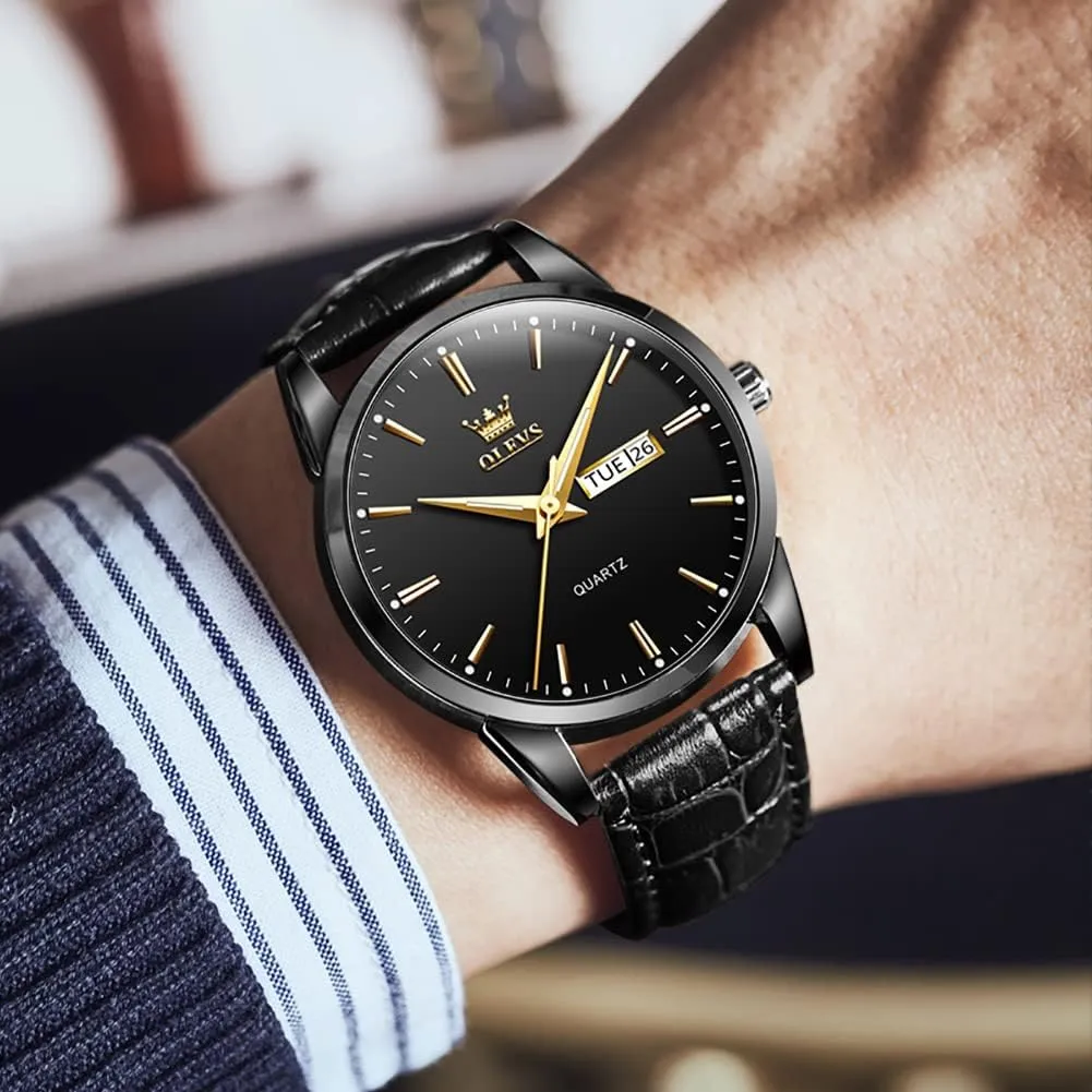 OLEVS Watch for Men Chronograph Brown Leather Gold Case Analog Quartz Fashion Business Dress Large Face Men Watch Day Date Luminous Waterproof Casual Male Wrist Watch Black/Blue/White Dial