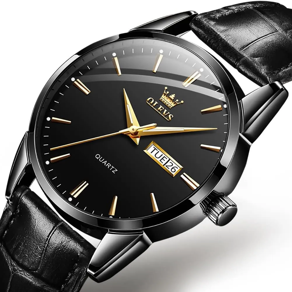 OLEVS Watch for Men Chronograph Brown Leather Gold Case Analog Quartz Fashion Business Dress Large Face Men Watch Day Date Luminous Waterproof Casual Male Wrist Watch Black/Blue/White Dial