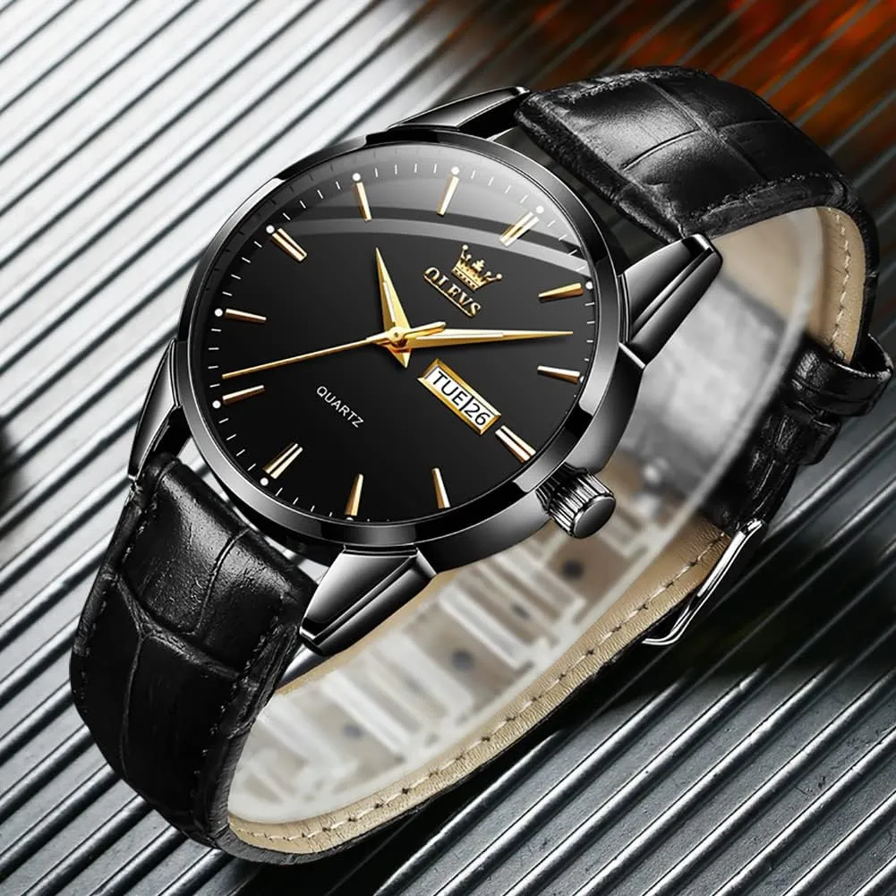OLEVS Watch for Men Chronograph Brown Leather Gold Case Analog Quartz Fashion Business Dress Large Face Men Watch Day Date Luminous Waterproof Casual Male Wrist Watch Black/Blue/White Dial