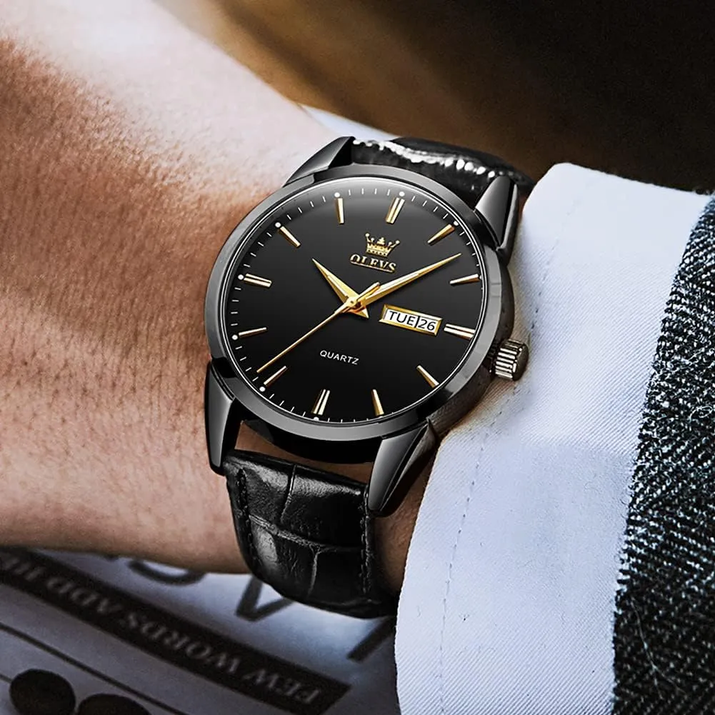 OLEVS Watch for Men Chronograph Brown Leather Gold Case Analog Quartz Fashion Business Dress Large Face Men Watch Day Date Luminous Waterproof Casual Male Wrist Watch Black/Blue/White Dial
