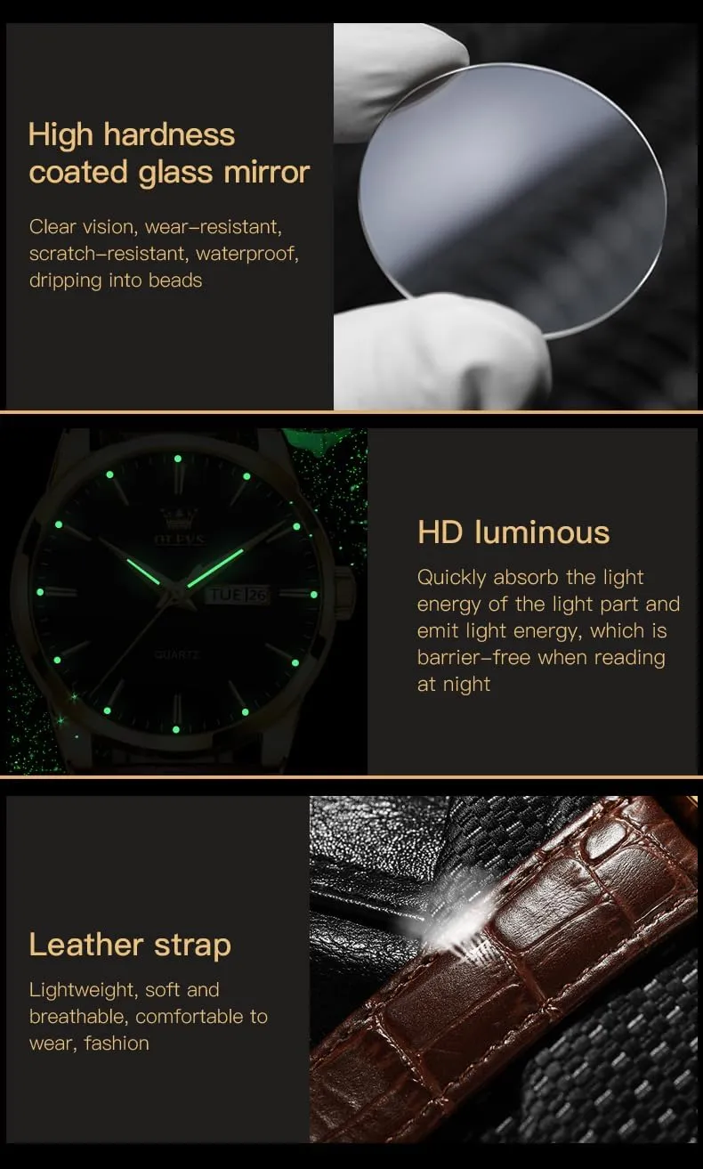 OLEVS Watch for Men Chronograph Brown Leather Gold Case Analog Quartz Fashion Business Dress Large Face Men Watch Day Date Luminous Waterproof Casual Male Wrist Watch Black/Blue/White Dial