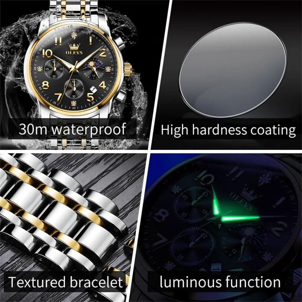 OLEVS Watch Men Luxury Classic Big Face Men's Wrist Watch Fancy Metal Stainless Steel Waterproof Mens Watches Everyday Easy Reader Date Moon Phase Analog Quartz Chronograph Watches Reloj para Hombre