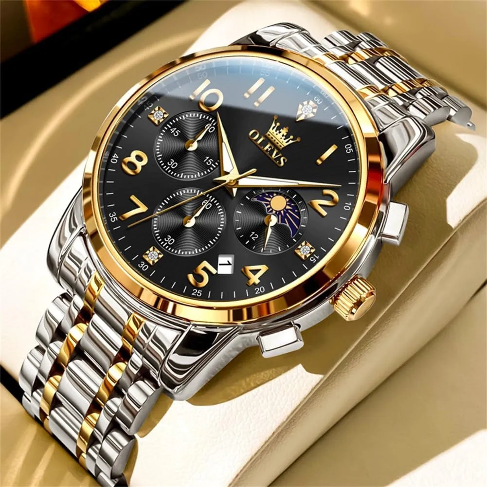 OLEVS Watch Men Luxury Classic Big Face Men's Wrist Watch Fancy Metal Stainless Steel Waterproof Mens Watches Everyday Easy Reader Date Moon Phase Analog Quartz Chronograph Watches Reloj para Hombre