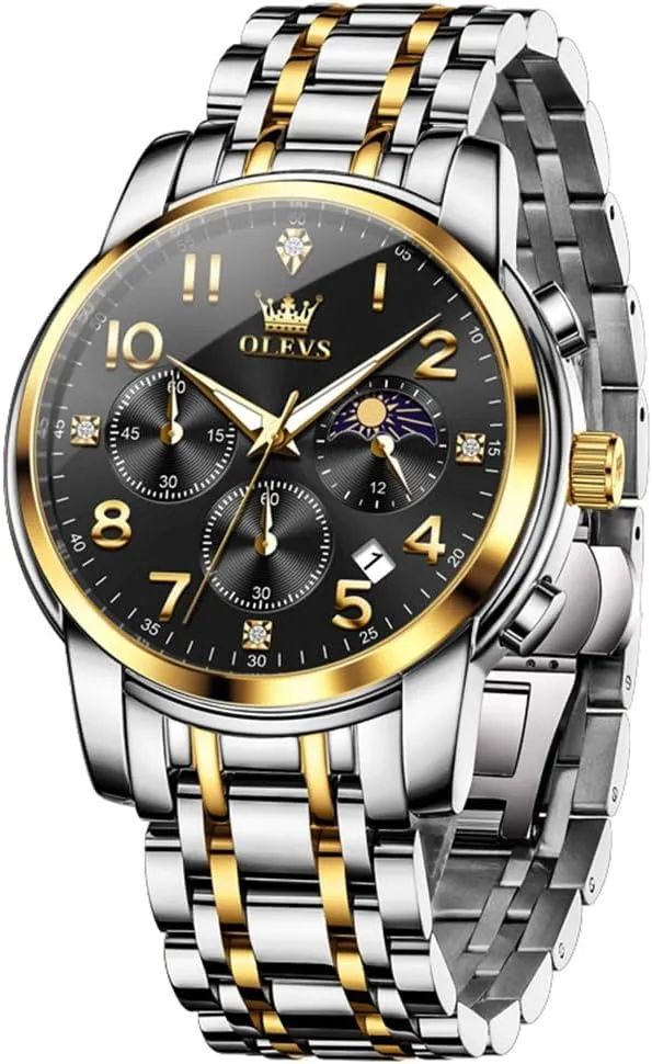 OLEVS Watch Men Luxury Classic Big Face Men's Wrist Watch Fancy Metal Stainless Steel Waterproof Mens Watches Everyday Easy Reader Date Moon Phase Analog Quartz Chronograph Watches Reloj para Hombre