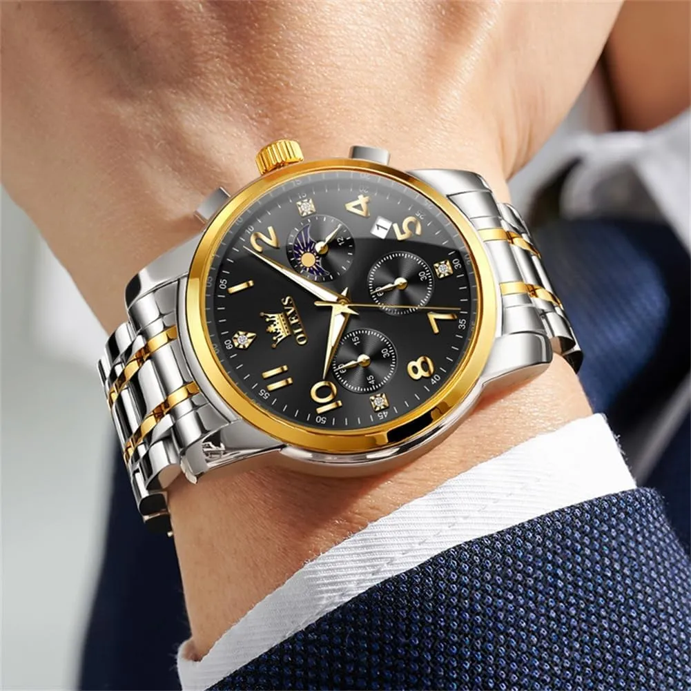 OLEVS Watch Men Luxury Classic Big Face Men's Wrist Watch Fancy Metal Stainless Steel Waterproof Mens Watches Everyday Easy Reader Date Moon Phase Analog Quartz Chronograph Watches Reloj para Hombre