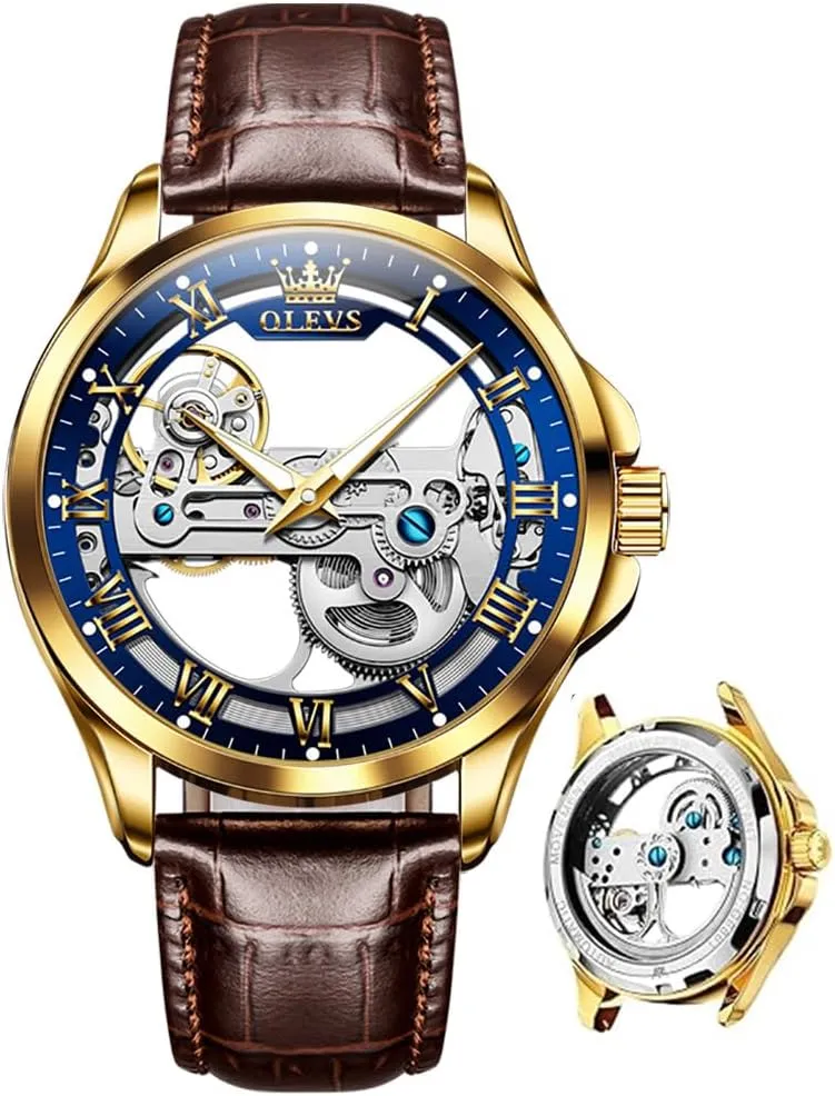 OLEVS Watch Men Skeleton Automatic Leather Band Watches for Men Large Face Self Winding Mechanical Mens Dress Watches Waterproof Easy to Read Business Casual Men's Wrist Watches