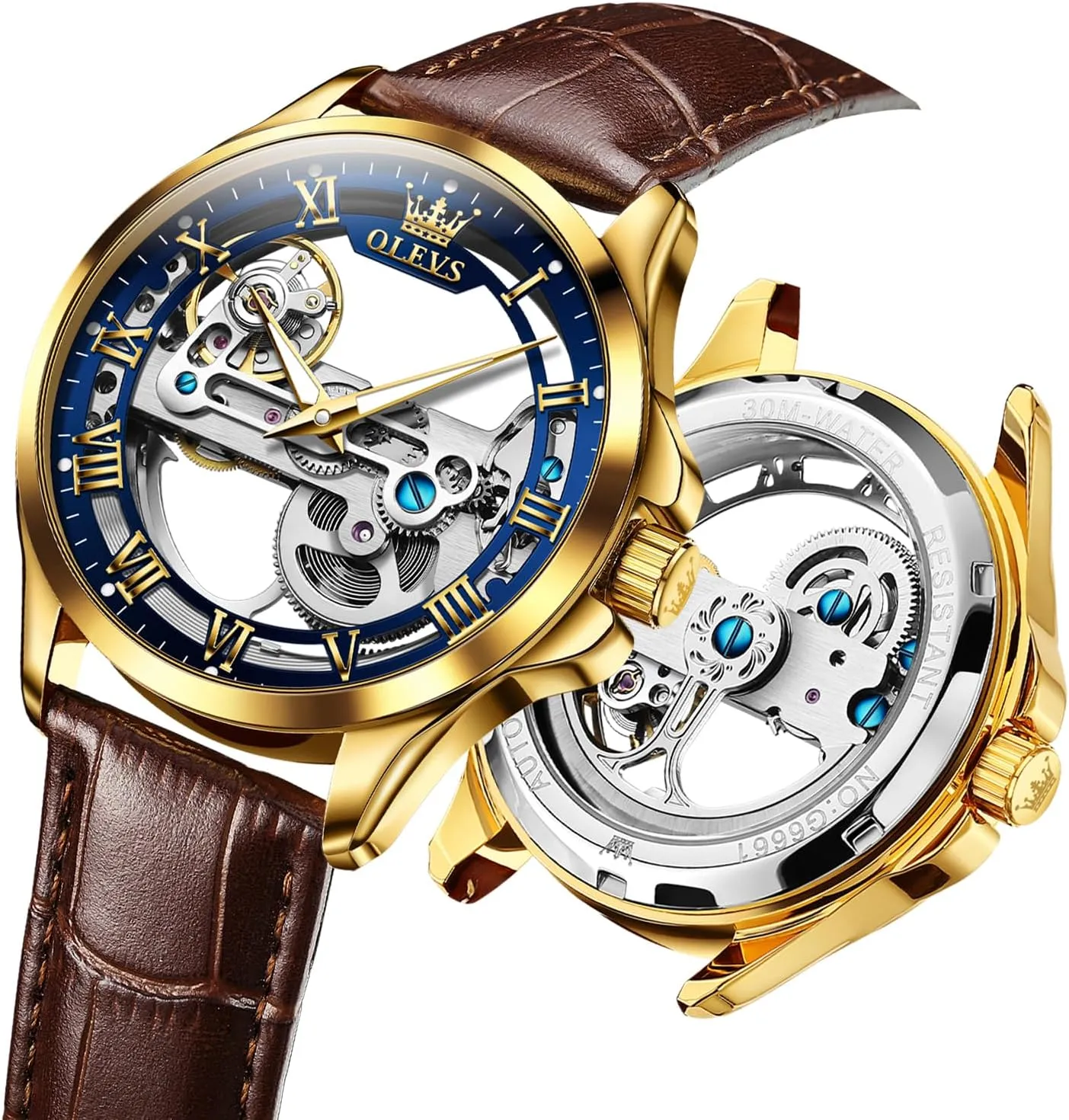 OLEVS Watch Men Skeleton Automatic Leather Band Watches for Men Large Face Self Winding Mechanical Mens Dress Watches Waterproof Easy to Read Business Casual Men's Wrist Watches