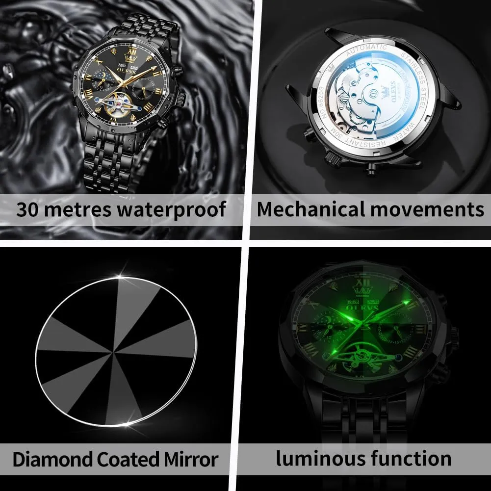 OLEVS Watches for Men Automatic Mechanical Luxury Dress Big Face Self Winding Tourbillon Skeleton Luminous Wrist Watches