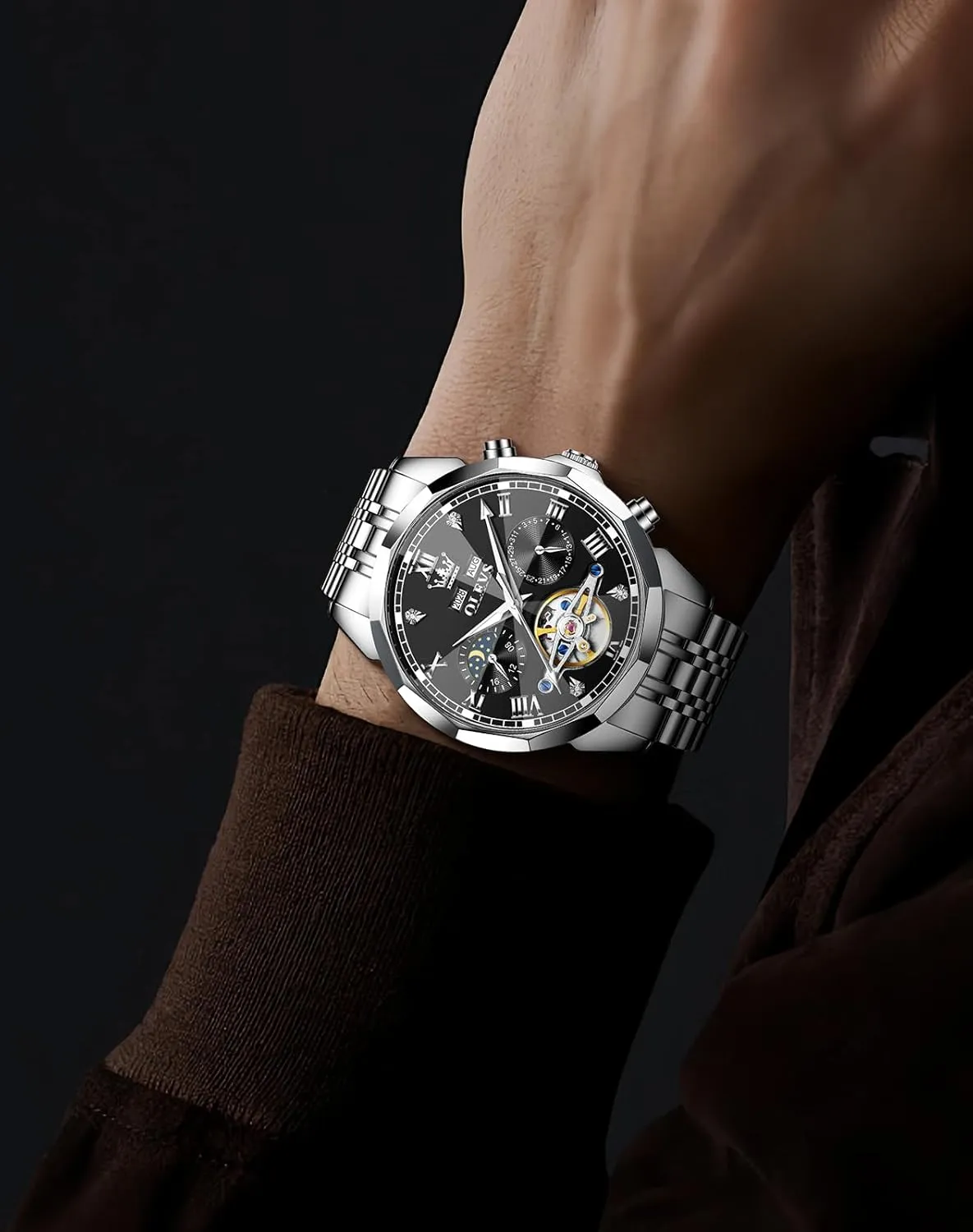 OLEVS Watches for Men Automatic Mechanical Luxury Dress Big Face Self Winding Tourbillon Skeleton Luminous Wrist Watches