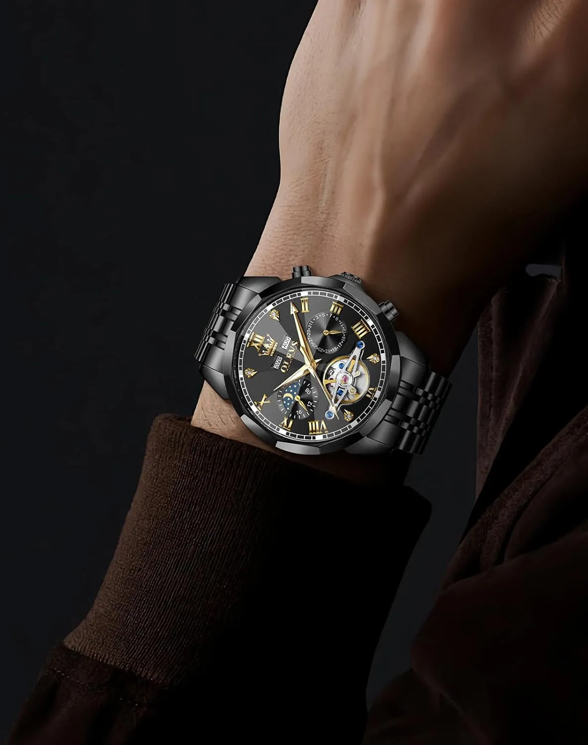 OLEVS Watches for Men Automatic Mechanical Luxury Dress Big Face Self Winding Tourbillon Skeleton Luminous Wrist Watches