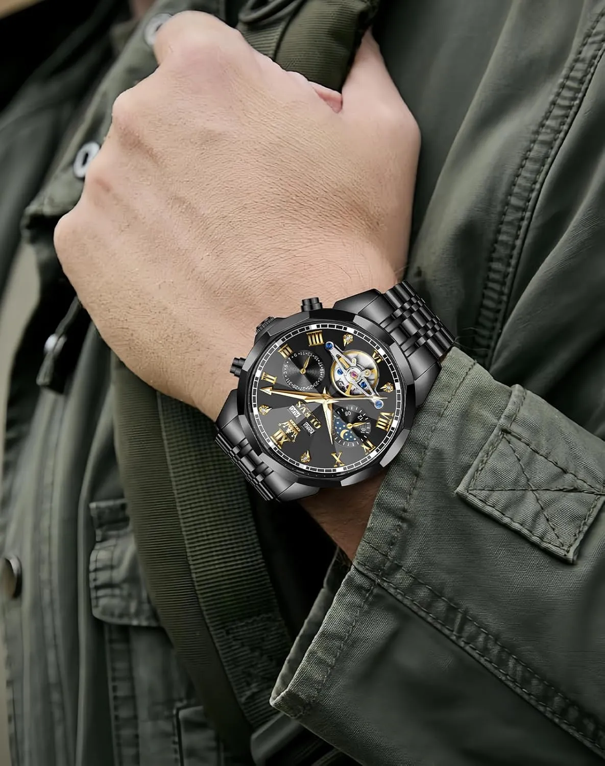 OLEVS Watches for Men Automatic Mechanical Luxury Dress Big Face Self Winding Tourbillon Skeleton Luminous Wrist Watches
