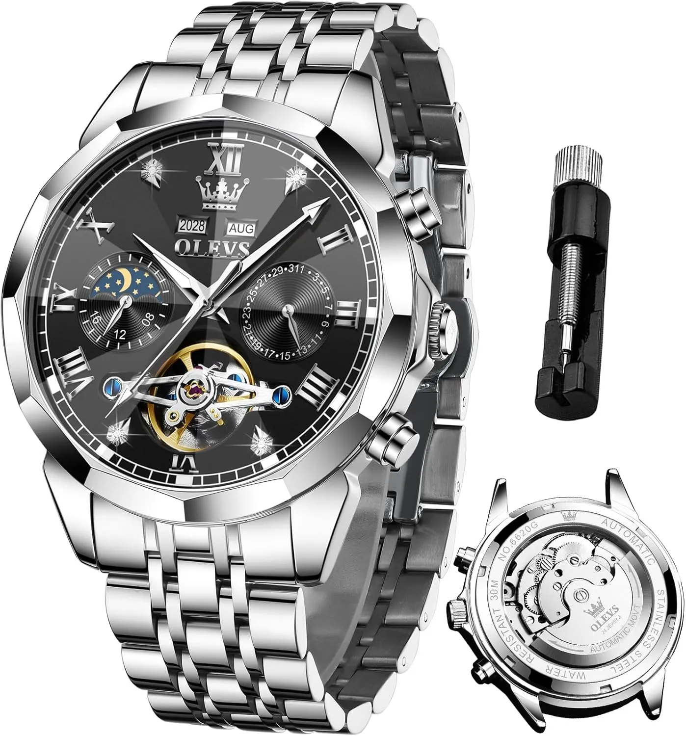 OLEVS Watches for Men Automatic Mechanical Luxury Dress Big Face Self Winding Tourbillon Skeleton Luminous Wrist Watches