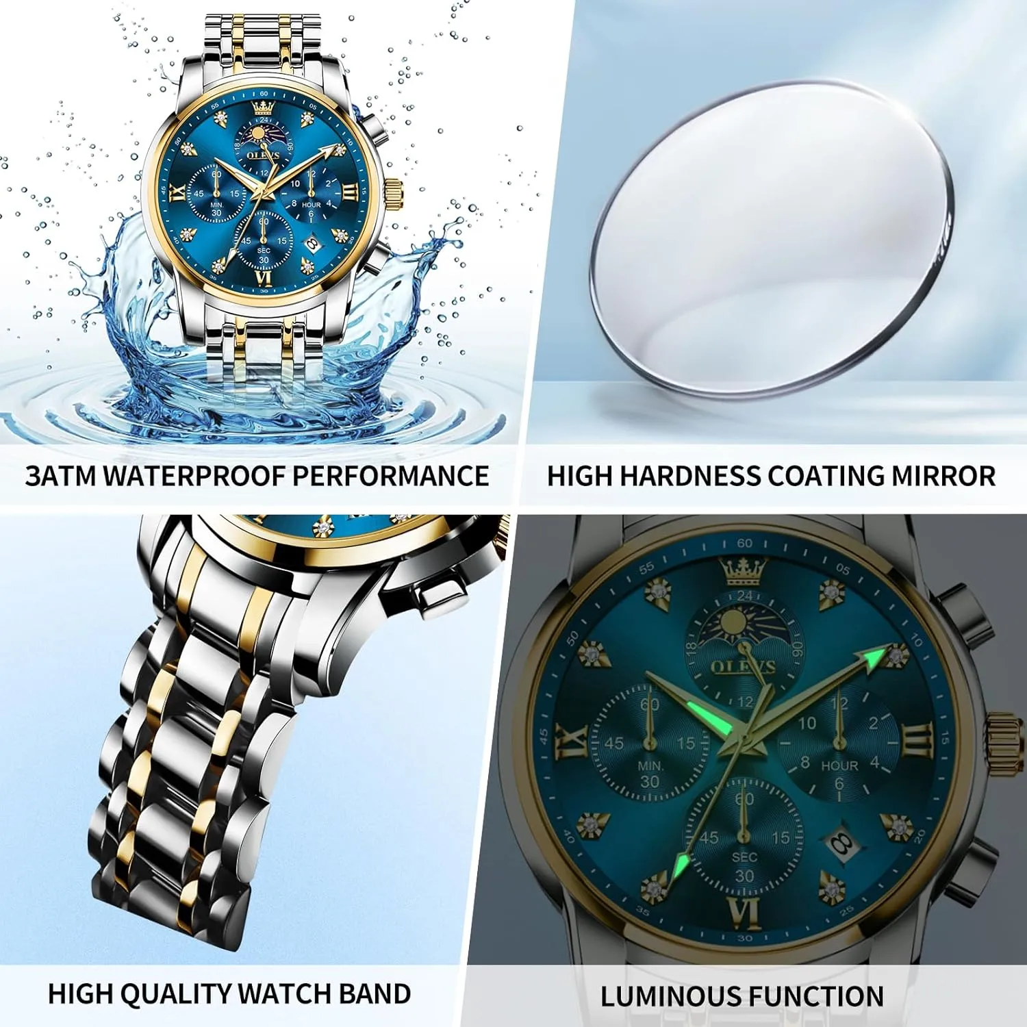 OLEVS Watches for Men Dress Watch Chronograph Luxury Stainless Steel Big Face Men Watches Multi-Function Easy to Read Diamond Roman Numerals Business Wristwatch Reloj para Hombre