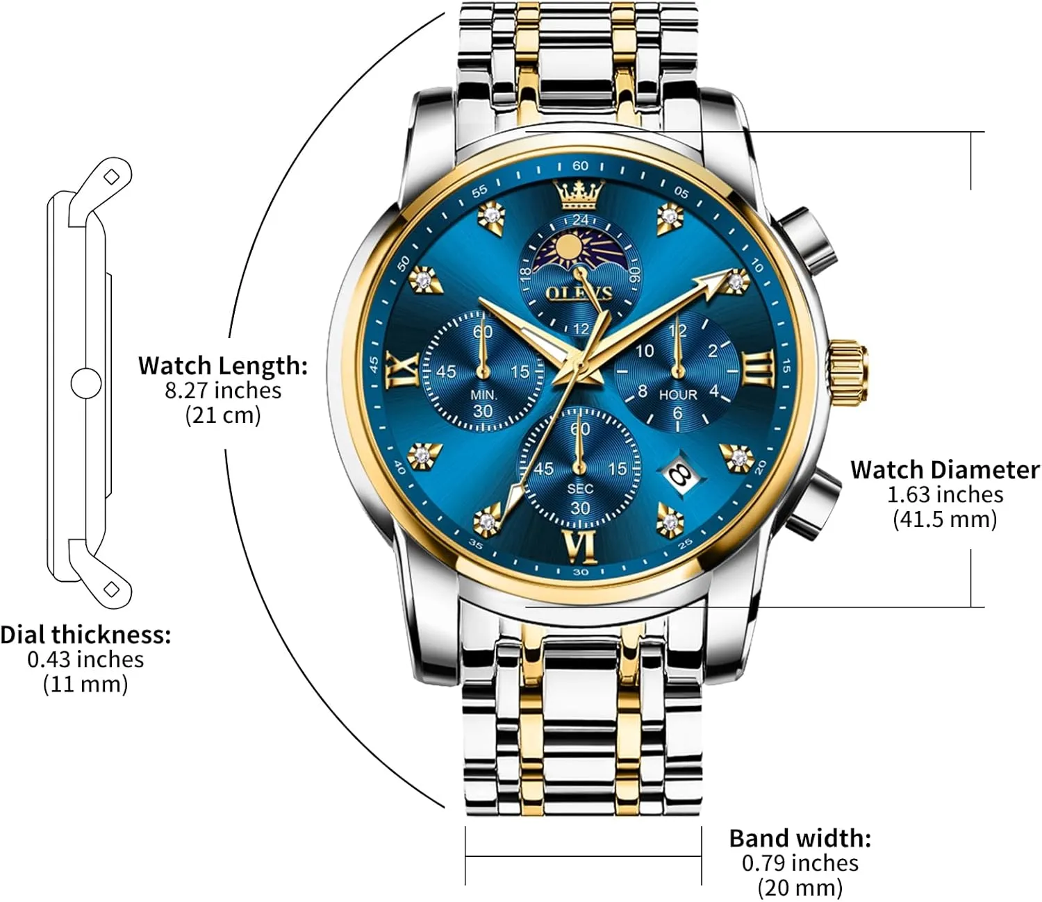 OLEVS Watches for Men Dress Watch Chronograph Luxury Stainless Steel Big Face Men Watches Multi-Function Easy to Read Diamond Roman Numerals Business Wristwatch Reloj para Hombre