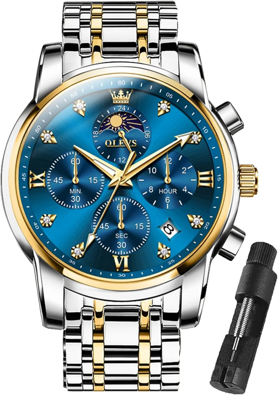 OLEVS Watches for Men Dress Watch Chronograph Luxury Stainless Steel Big Face Men Watches Multi-Function Easy to Read Diamond Roman Numerals Business Wristwatch Reloj para Hombre