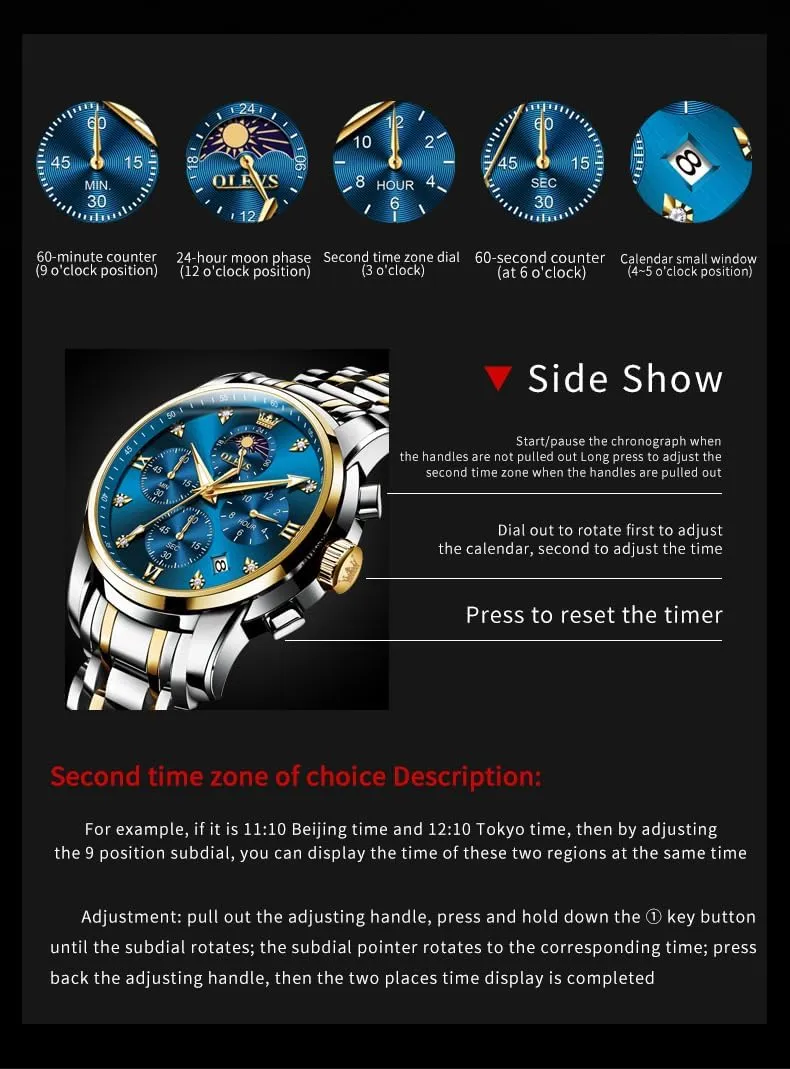 OLEVS Watches for Men Dress Watch Chronograph Luxury Stainless Steel Big Face Men Watches Multi-Function Easy to Read Diamond Roman Numerals Business Wristwatch Reloj para Hombre