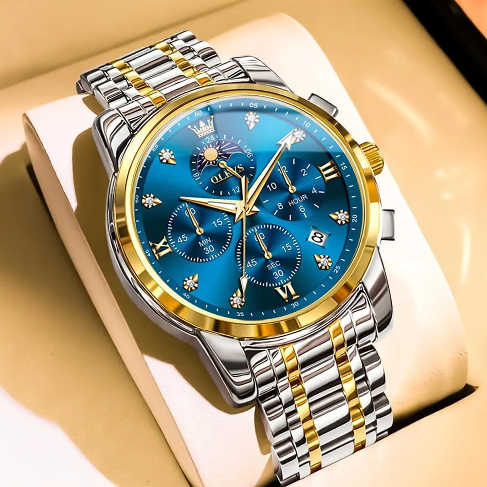 OLEVS Watches for Men Dress Watch Chronograph Luxury Stainless Steel Big Face Men Watches Multi-Function Easy to Read Diamond Roman Numerals Business Wristwatch Reloj para Hombre