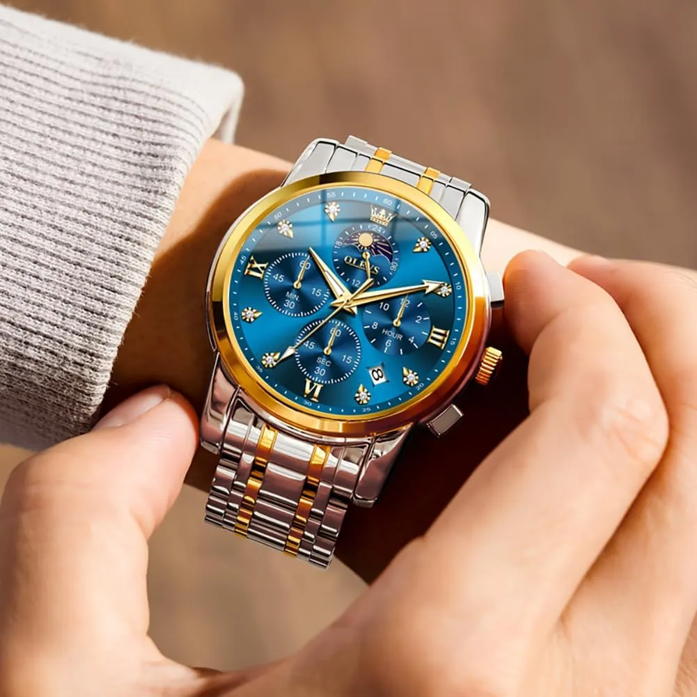 OLEVS Watches for Men Dress Watch Chronograph Luxury Stainless Steel Big Face Men Watches Multi-Function Easy to Read Diamond Roman Numerals Business Wristwatch Reloj para Hombre