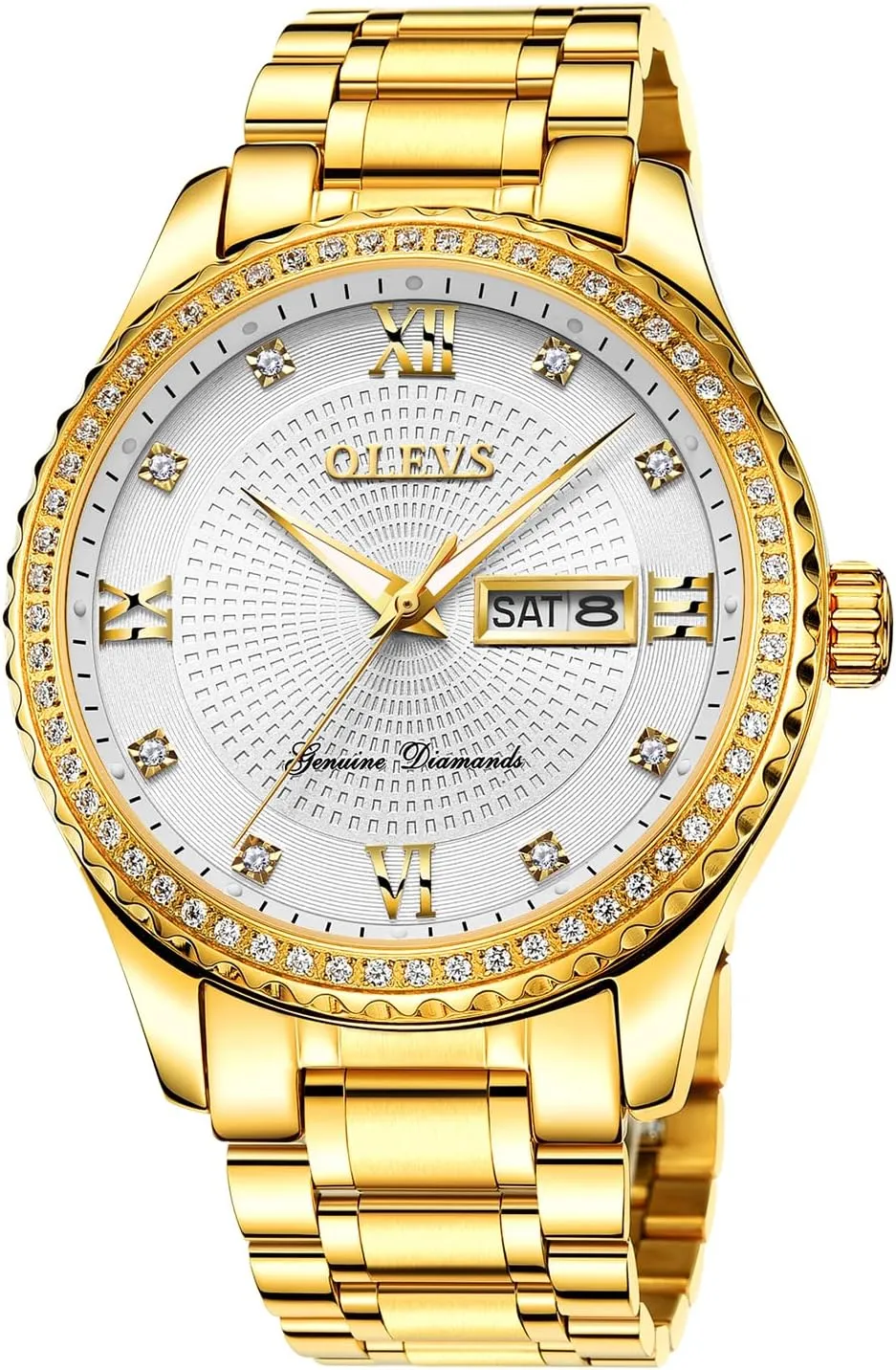 OLEVS White Watches for Men,Business Dress Diamond Men Watch Waterproof Luminous,Male Golden Big Face Luxury Casual Quartz relojes para Hombres Analog Wrist Watche with Calendar Stainless Steel Band
