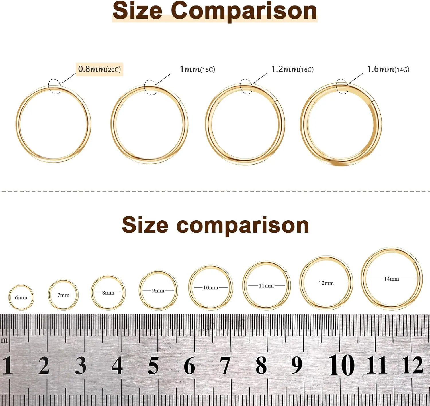 ONESING 2 PCS Nose Rings Hoops 14G 16G 18G 20G Surgical Steel Septum Rings Cartilage Tragus Round Hinged Nose Rings Piercing Jewelry for Women Men 6-12mm
