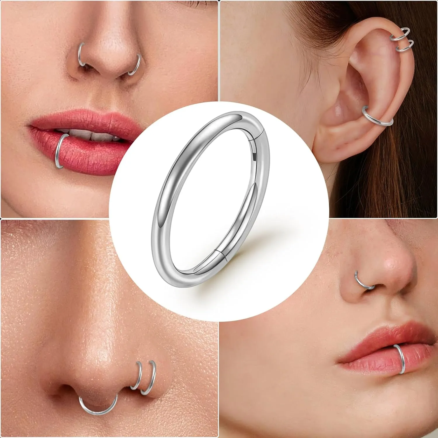 ONESING 2 PCS Nose Rings Hoops 14G 16G 18G 20G Surgical Steel Septum Rings Cartilage Tragus Round Hinged Nose Rings Piercing Jewelry for Women Men 6-12mm