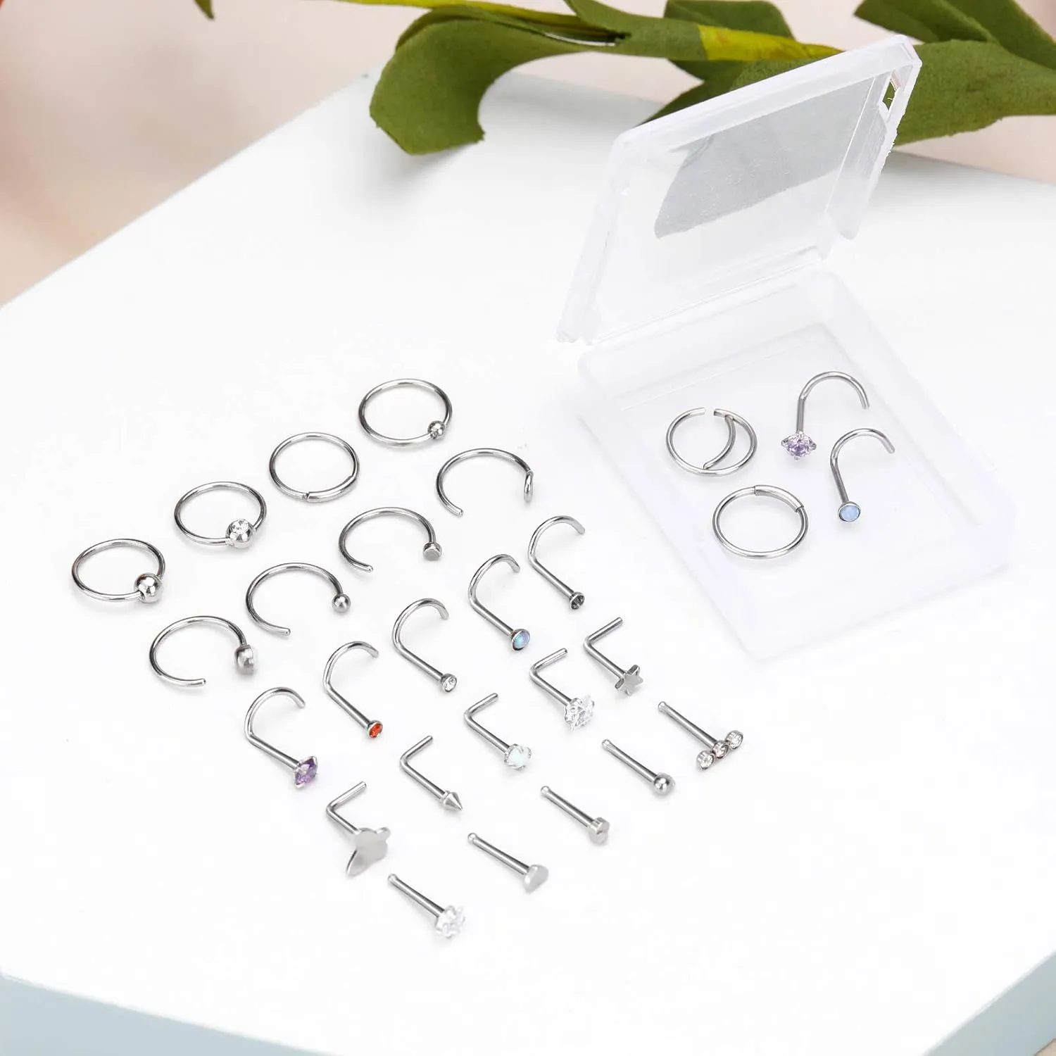 ONESING 27-60 Pcs Nose Rings for Women Nose Piercing Jewelry Silver Nose Rings Studs 20G Surgical Nose Rings Hoops Nose Rings L Shaped Studs Screw Stainless Steel Nose Piercings for Women Men
