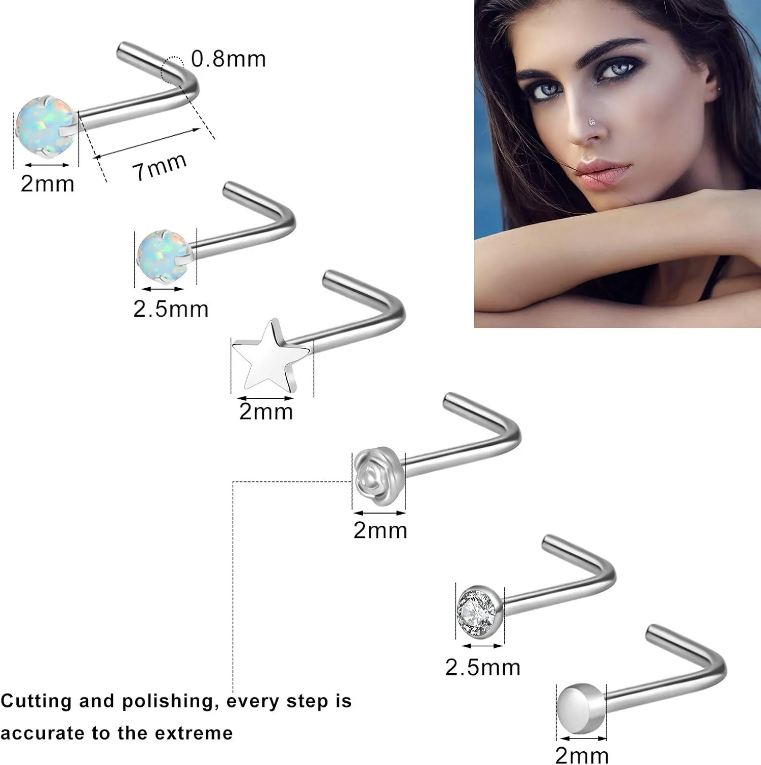 ONESING 27-60 Pcs Nose Rings for Women Nose Piercing Jewelry Silver Nose Rings Studs 20G Surgical Nose Rings Hoops Nose Rings L Shaped Studs Screw Stainless Steel Nose Piercings for Women Men
