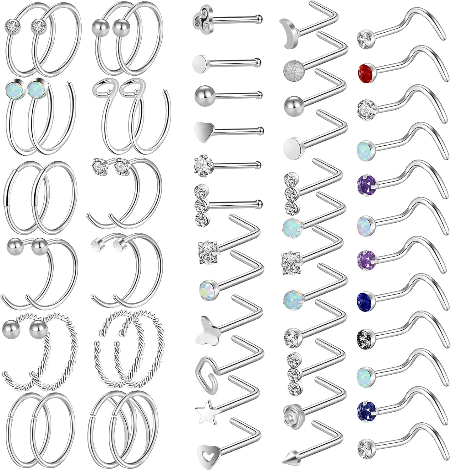 ONESING 27-60 Pcs Nose Rings for Women Nose Piercing Jewelry Silver Nose Rings Studs 20G Surgical Nose Rings Hoops Nose Rings L Shaped Studs Screw Stainless Steel Nose Piercings for Women Men