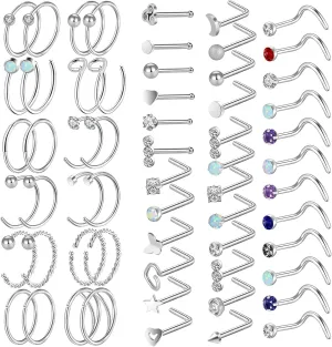 ONESING 27-60 Pcs Nose Rings for Women Nose Piercing Jewelry Silver Nose Rings Studs 20G Surgical Nose Rings Hoops Nose Rings L Shaped Studs Screw Stainless Steel Nose Piercings for Women Men