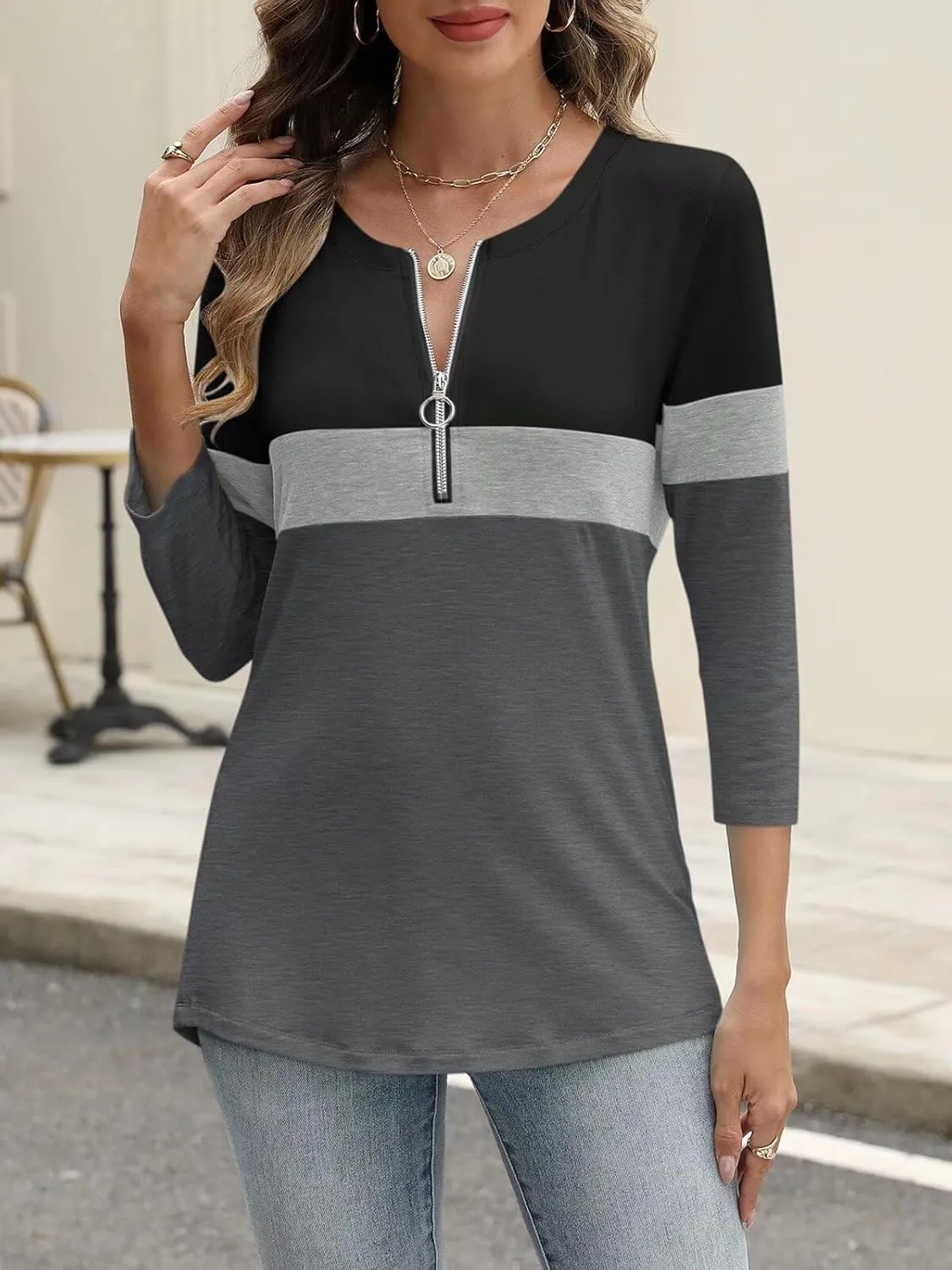 ORANDESIGNE Womens 3/4 Length Sleeve Tops Summer Color Block Zipper T Shirts Casual Ladies Tees