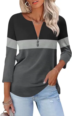 ORANDESIGNE Womens 3/4 Length Sleeve Tops Summer Color Block Zipper T Shirts Casual Ladies Tees