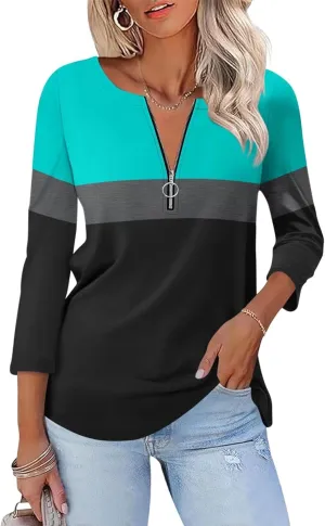ORANDESIGNE Womens 3/4 Length Sleeve Tops Summer Color Block Zipper T Shirts Casual Ladies Tees